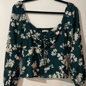 Abercrombie & Fitch Green Long Sleeve Crop Tie Front Blouse